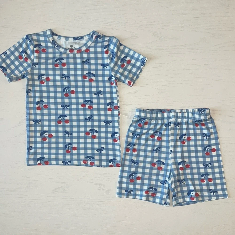 Little Joy Co Cherry Gingham Bows Bamboo Shorts Pajama Set 4T 5 6